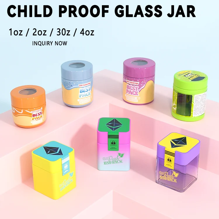 square round cannabis weed jars with multi print design