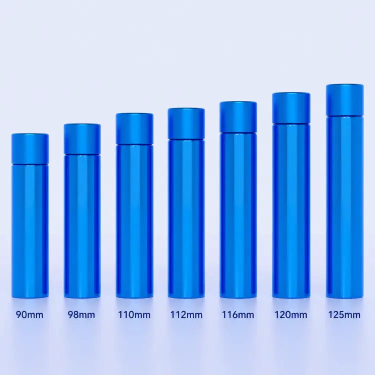 Blue plastic pre roll tubes in seven available lengths